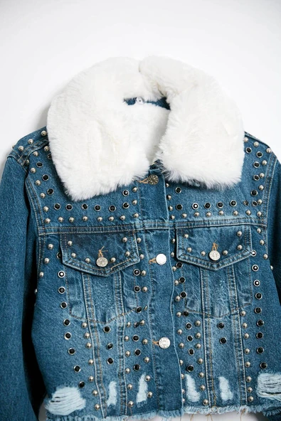 Kadın İçi Kürklü Jean Ceket Mavi - 4