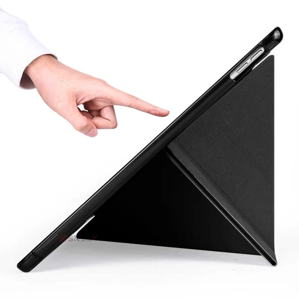 Apple iPad 9.Nesil 10.2 İnç 2021 Uyumlu Üçgen Katlanabilir Kalemlikli Standlı Akıllı Kılıf  Siyah - Resim 5