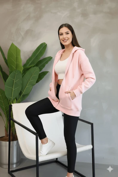 Kadın Genç Unisex Cepli Kapüşonlu Fermuarlı Sweatshirt Hırka - 6