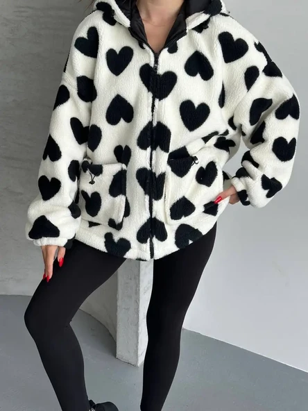 Kalp Desenli Kapüşonlu Mont - Resim 5