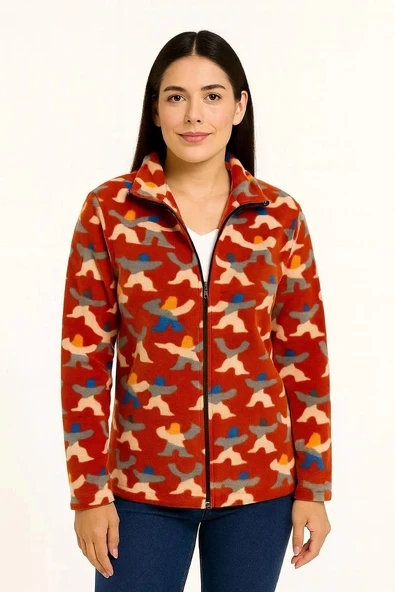 Kadın Tam Fermuarlı Desenli Polar Sweat – Siyah Multicolor Figür Desen Yakalı, Uzun Kollu, Oversize Rahat Kalıp - Kiremi ürün görseli 1