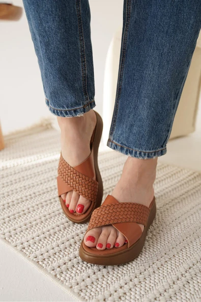 Fayn Taba Örgü Desenli Hakiki Deri Terlik - Resim 3