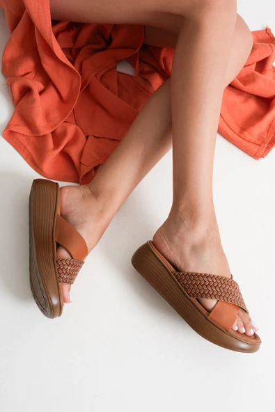 Fayn Taba Örgü Desenli Hakiki Deri Terlik - Resim 12