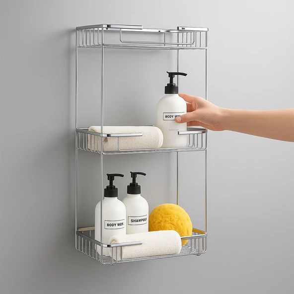 Banyo Duş Köşe Rafı Üç Katlı Kare Şampuanlık Krom Paslanmaz Metal Düzenleyici Raf Sistemi 50 cm ürün görseli