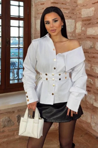 KADIN ARTiZON GENİŞ YAKA BELİNDE KUŞAK GÖMLEK ürün görseli