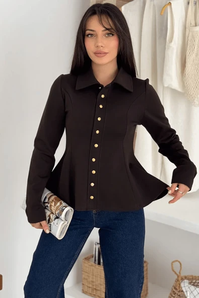 Kadın Altın Düğmeli Peplum Gömlek – Güçlü & Şehirli Stil - Resim 4
