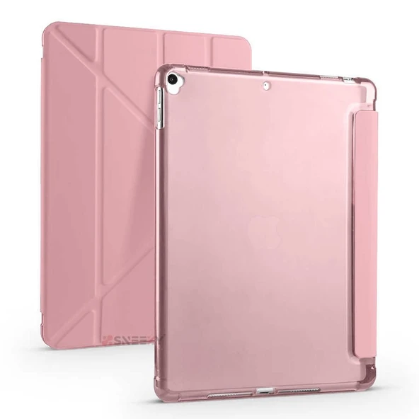 Apple iPad 7.Nesil 10.2 İnç 2019 Uyumlu Üçgen Katlanabilir Kalemlikli Standlı Akıllı Kılıf  Pembe ürün görseli 1