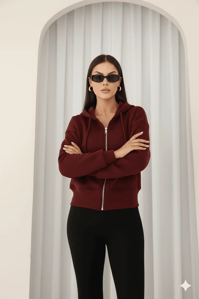 Kadın Fermuarlı Kapşonlu Beyaz Bol Crop Sweatshirt - Resim 8