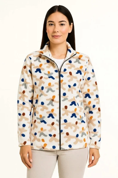 Kadın Tam Fermuarlı Desenli Polar Sweat – Siyah Multicolor Figür Desen Yakalı, Uzun Kollu, Oversize Rahat Kalıp - Beyaz - Resim 3