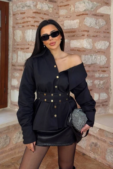 KADIN ARTiZON GENİŞ YAKA BELİNDE KUŞAK GÖMLEK - Resim 9