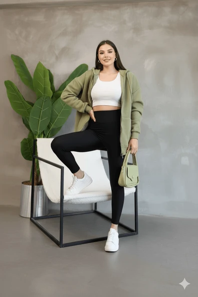 Kadın Genç Unisex Cepli Kapüşonlu Fermuarlı Sweatshirt Hırka - 2