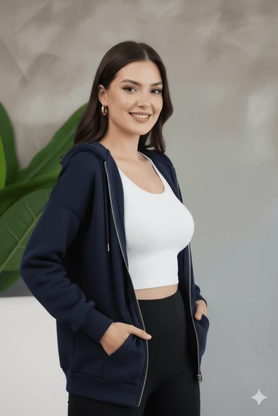 Kadın Genç Unisex Cepli Kapüşonlu Fermuarlı Sweatshirt Hırka - 10