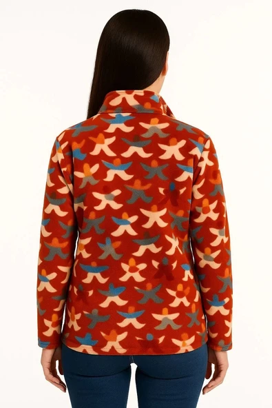 Kadın Tam Fermuarlı Desenli Polar Sweat – Siyah Multicolor Figür Desen Yakalı, Uzun Kollu, Oversize Rahat Kalıp - Kiremi - Resim 3