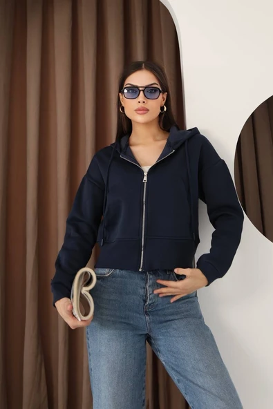 Kadın Fermuarlı Kapşonlu Beyaz Bol Crop Sweatshirt - Resim 3
