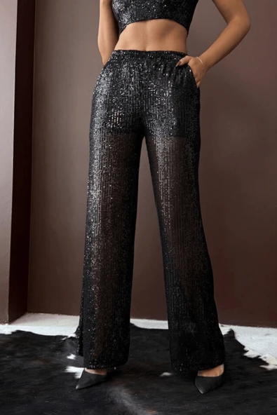 Kadın Payetli Geniş Paça Kadın Pantolon - Şık Gece Kombini - Resim 3