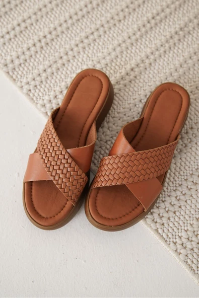 Fayn Taba Örgü Desenli Hakiki Deri Terlik - Resim 4