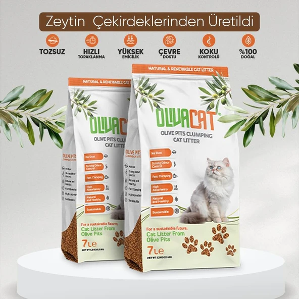 Olivacat Zeytin Çekirdeğinden Üretilen Doğal Tozsuz Kedi Kumu 7L x 2 Adet ürün görseli 1