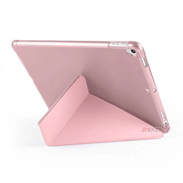 Apple iPad 7.Nesil 10.2 İnç 2019 Uyumlu Üçgen Katlanabilir Kalemlikli Standlı Akıllı Kılıf  Pembe - Resim 3