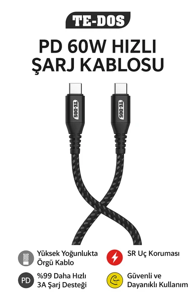 60W Type-C to Type-C Hızlı Şarj Kablosu %99 Daha Hızlı 3A Şarj Örgü Kablo SR Uç Koruması Dayanıklı ve Güvenli Kullanım