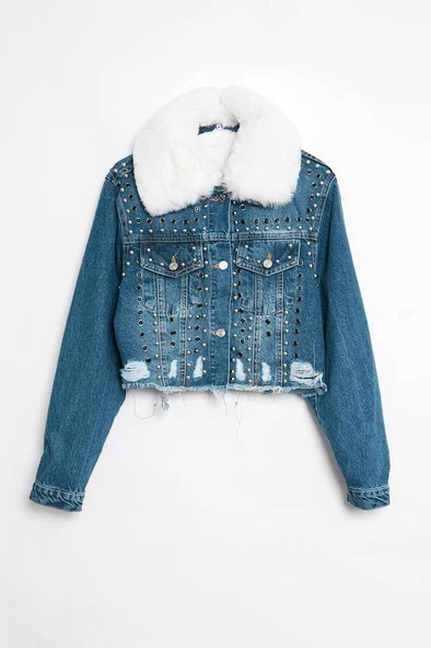 Kadın İçi Kürklü Jean Ceket Mavi - 3