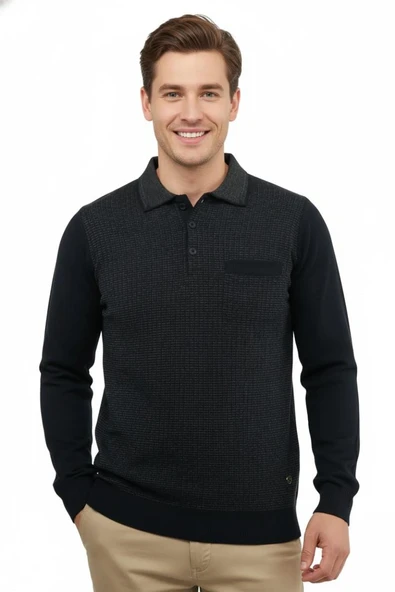 Erkek Polo Yaka Kazak Cepli Çelik Örgü Klasik Kalıp 5205F BGL-ST04850 - Resim 3
