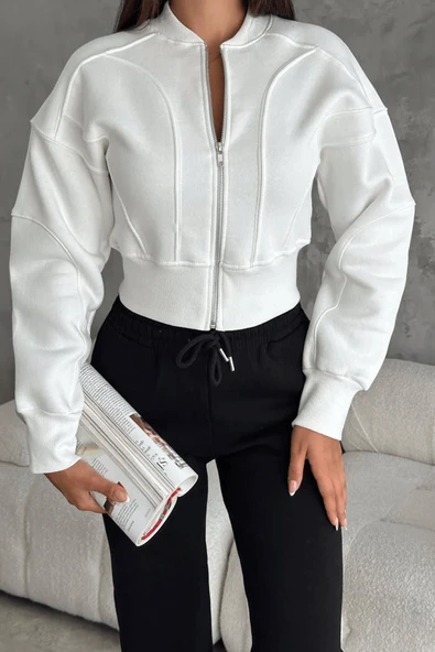 Kadın Fermuarlı Fit Cropped Sweatshirt – Sportif & Şehirli Stil - Resim 9