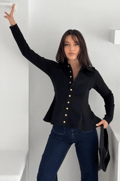 Kadın Altın Düğmeli Peplum Gömlek – Güçlü & Şehirli Stil - Resim 10