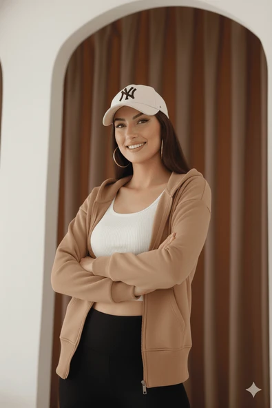 Kadın Fermuarlı Kapşonlu Beyaz Bol Crop Sweatshirt ürün görseli