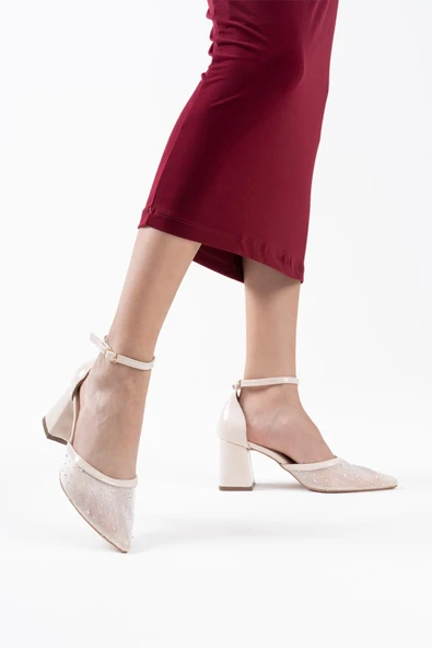 Borie Bej Tekstil Kumaş Taşlı Kadın Topuklu Ayakkabı - Resim 8