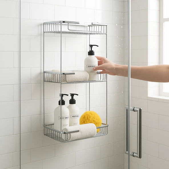 Banyo Duş Köşe Rafı Üç Katlı Kare Şampuanlık Krom Paslanmaz Metal Düzenleyici Raf Sistemi 50 cm - Resim 5