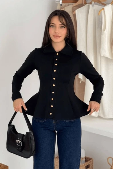 Kadın Altın Düğmeli Peplum Gömlek – Güçlü & Şehirli Stil - Resim 9