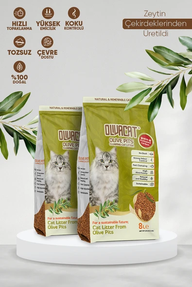Olivacat Zeytin Çekirdeğinden Üretilen Aktif Karbonlu Tozsuz Doğal Kedi Kumu 8 L 2 Adet