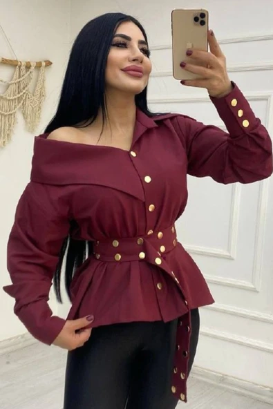 KADIN ARTiZON GENİŞ YAKA BELİNDE KUŞAK GÖMLEK - Resim 4