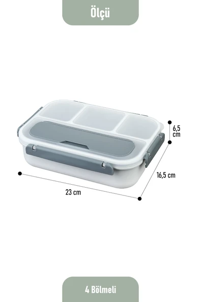 İronika Kaşık Çatallı Lunch Box Sızdırmaz Contalı Kapaklı 4 Bölmeli Beslenme Kabı - Gri - Resim 4