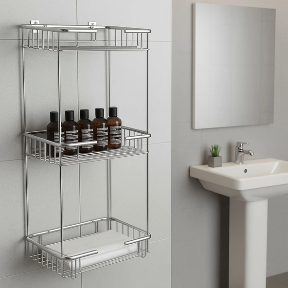 Banyo Duş Köşe Rafı Üç Katlı Kare Şampuanlık Krom Paslanmaz Metal Düzenleyici Raf Sistemi 50 cm - Resim 4