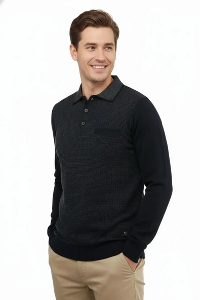 Erkek Polo Yaka Kazak Cepli Çelik Örgü Klasik Kalıp 5205F BGL-ST04850 - Resim 4