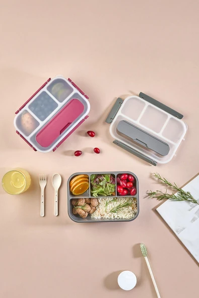 İronika Kaşık Çatallı Lunch Box Sızdırmaz Contalı Kapaklı 4 Bölmeli Beslenme Kabı - Yeşil - Resim 3