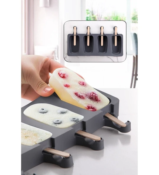 Magnum Gri Dondurma Kalıbı Ve 20 Adet Ahşap Çubuk 4'lü Pratik Magnum Silikon Dondurma Kalıbı ürün görseli 1