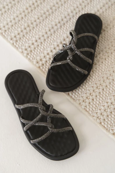 Loren Siyah Kadın Taşlı Terlik - Resim 3
