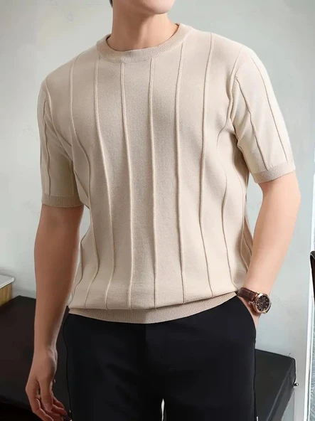 Erkek Kısa Kollu Bisiklet Yaka çizgili Triko Bluz - Resim 4