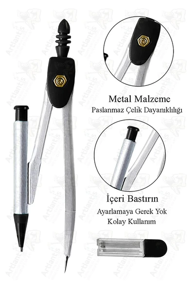 0.7 Uçlu Metal Pergel 1 Adet Fixpoint Kutulu Metal Pergel Versatil Uçlu Mekanik Kalem Basmalı Uçlu Pergel - 4