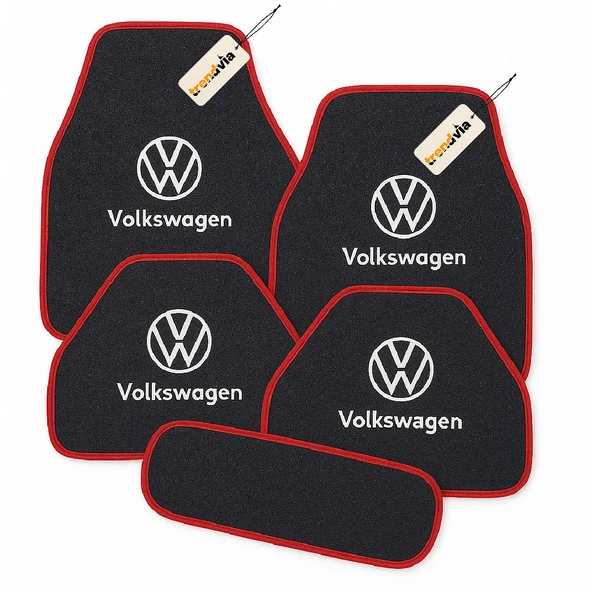Antrasit Kırmızı Renk Volkswagen Logolu Oto Halı Paspas Takımı 5 Parça, Araca Uyumlu, Dayanıklı ve Estetik