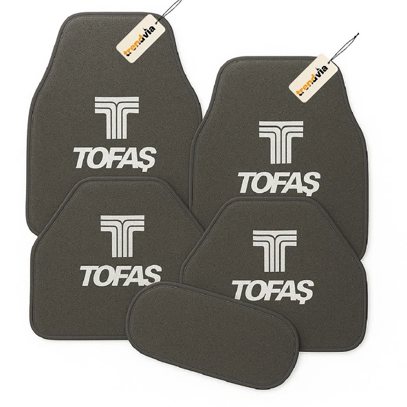 Gri Renk Tofaş Logolu 5 Parça Halı Oto Paspas Seti  Kaymaz, Su Geçirmez ve Şık Tasarımlı Araç Halı Paspası
