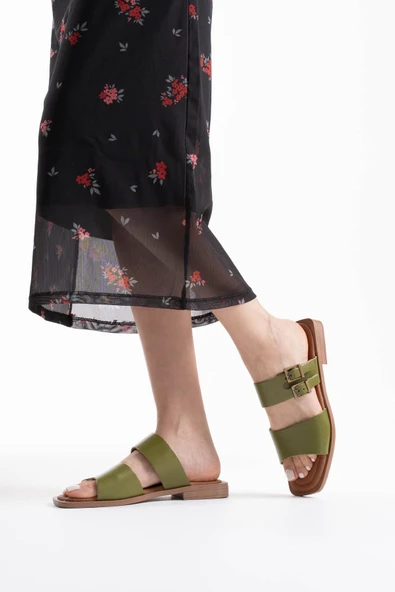 Alessi Haki Yeşili Hakiki Deri Terlik - Resim 9