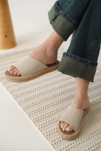 Grey Süet Bej Kadın Terlik - Resim 7