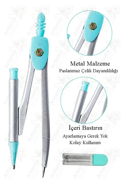 0.7 Uçlu Metal Pergel 1 Adet Fixpoint Kutulu Metal Pergel Versatil Uçlu Mekanik Kalem Basmalı Uçlu Pergel - 2