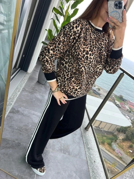 Kadın Uzun Kollu Bisiklet Yaka Leopar Desenli Iki Iplik Bluz Ve Viskon Iki Iplik Pantolon Ikili Takım - Resim 5