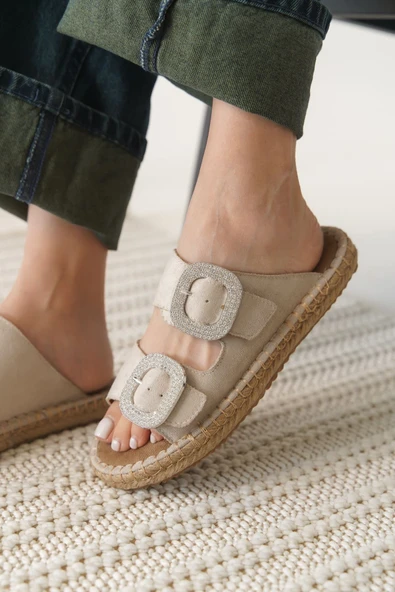 Tyna Süet Bej Taşlı Kadın Terlik - Resim 4