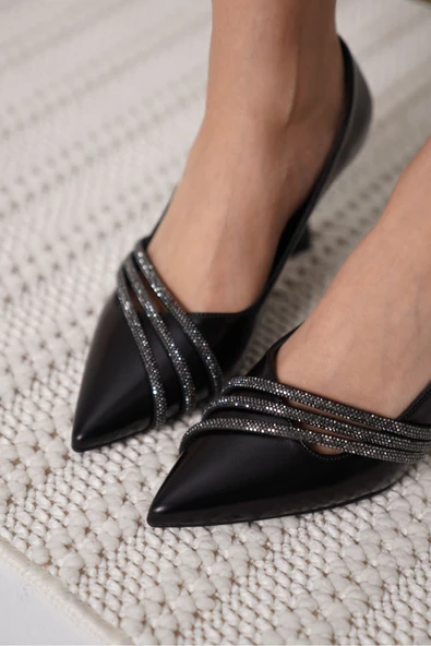 Klay Siyah Cilt Kadın Topuklu Ayakkabı - Resim 3
