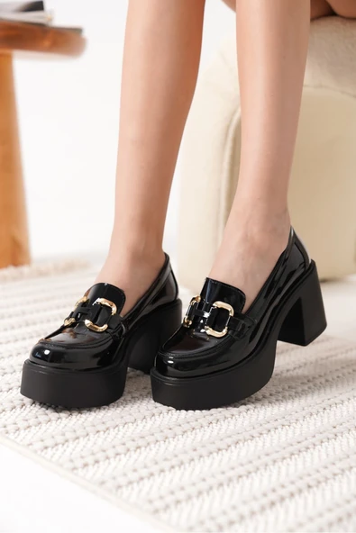 Felice Siyah Rugan Gold Tokalı Kadın Loafer - Resim 10